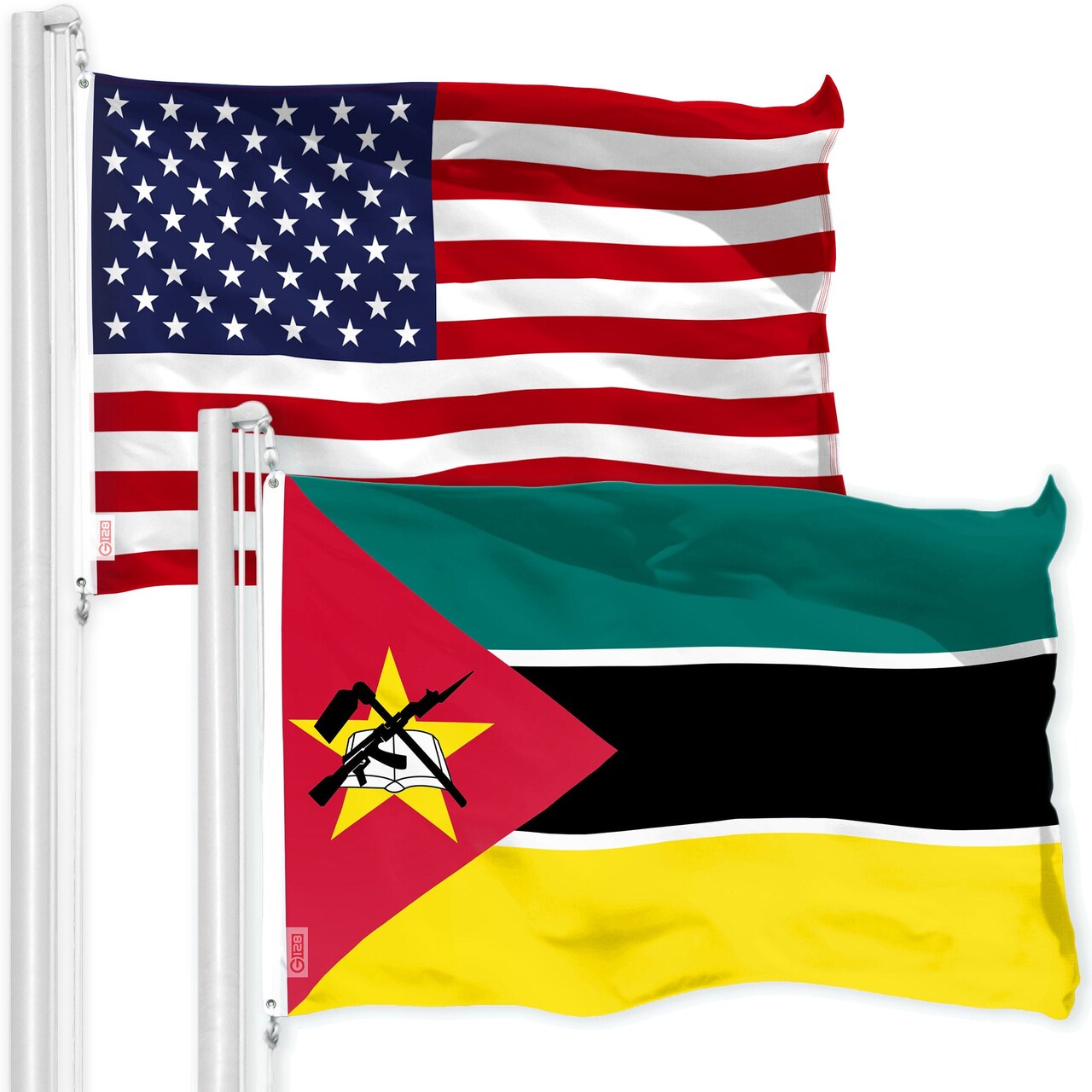 G128 Combo Pack: American USA Flag 3x5 Ft & Mozambique Mozambican Flag | Both LiteWeave Pro Series Printed 150D Polyester, Brass Grommets